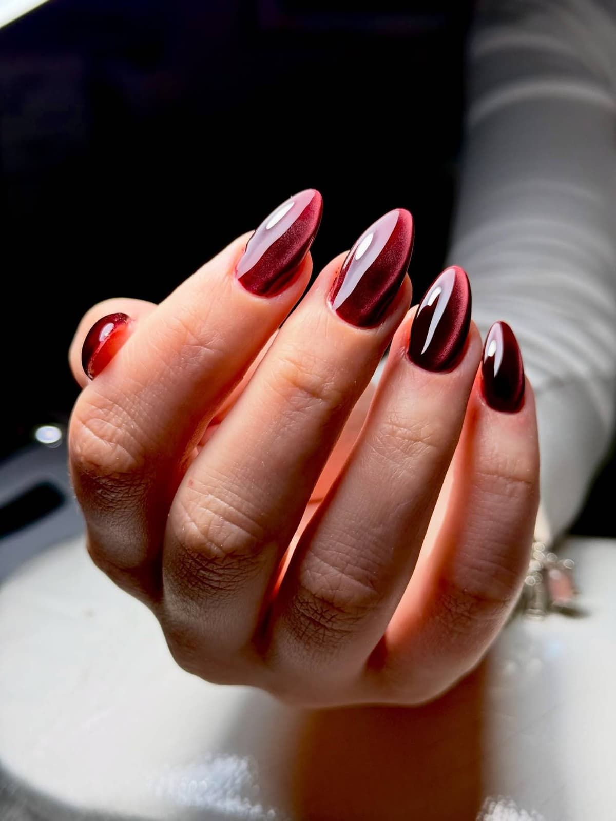 Burgundy Cat-Eye Shimmer - burgundy and silver nail design